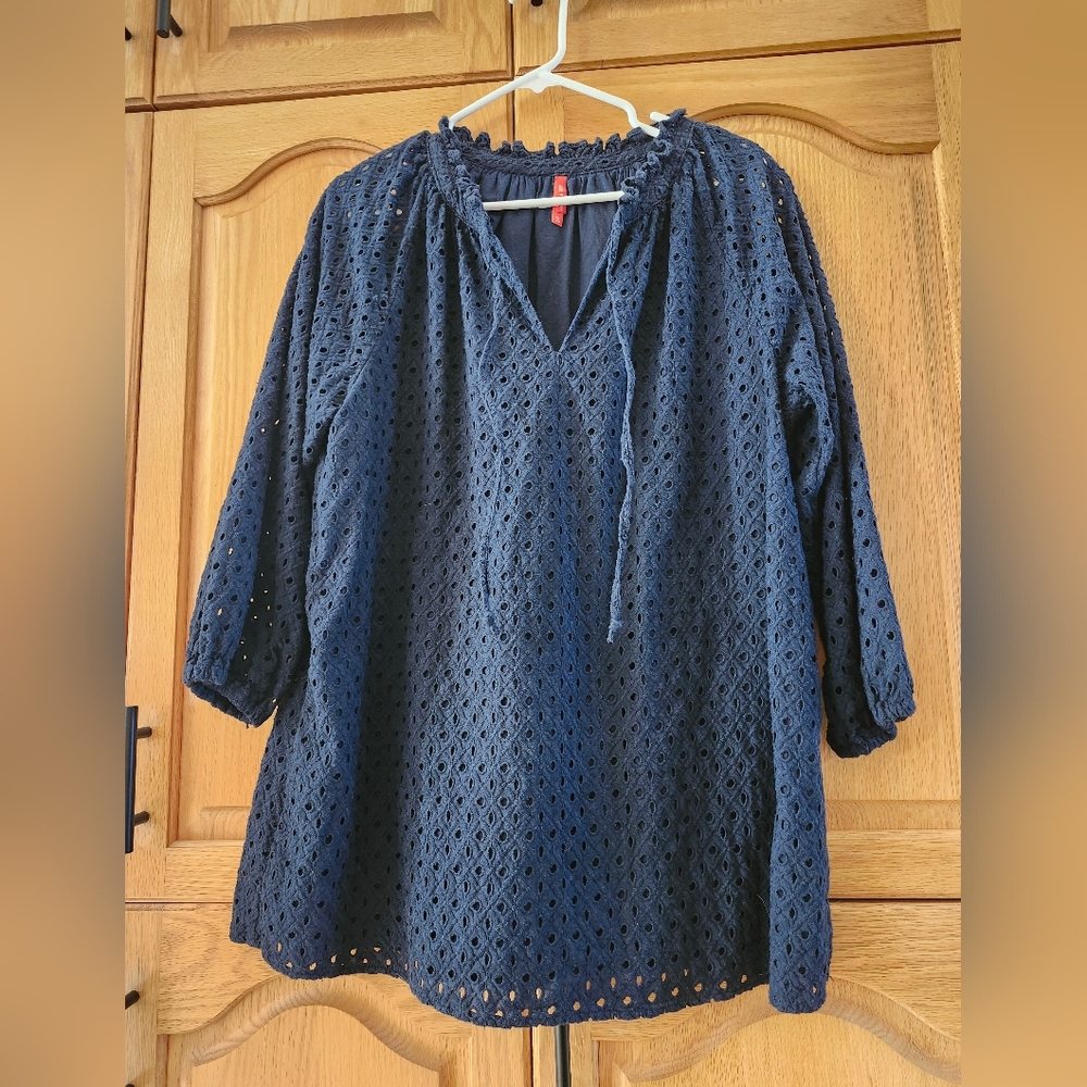 Navy Blue Eyelet Lace Cotton Tunic Blouse Size XL